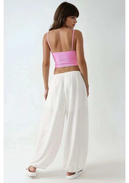 Kadın Düşük Bel Bol Kesim Jogger Pantolon Beyaz