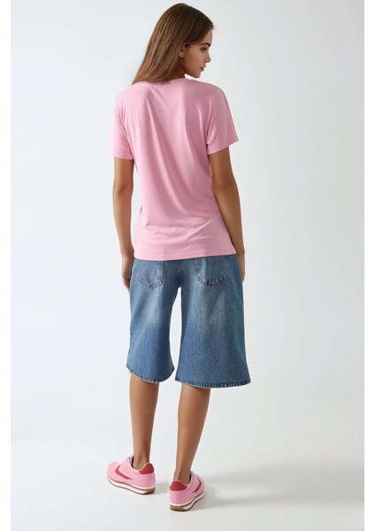 Kadın Soft Touch V Yaka Kısa Kollu Modal Karışımlı Tişört Busem Collection Karanfil Pembesi