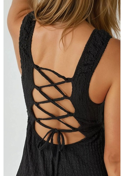 Kadın Kare Yaka Dokulu Midi Elbise Siyah