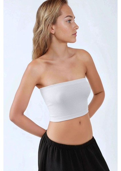 Kadın Slim Fit Straplez Kısa Üst Beyaz