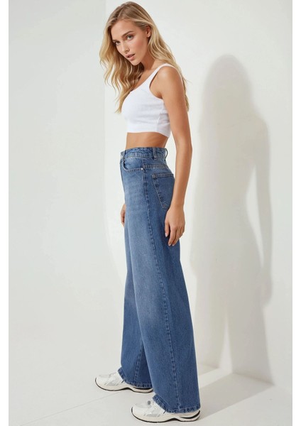 Kadın Baggy Kalıp Denim Jeans Orta Mavi Denim