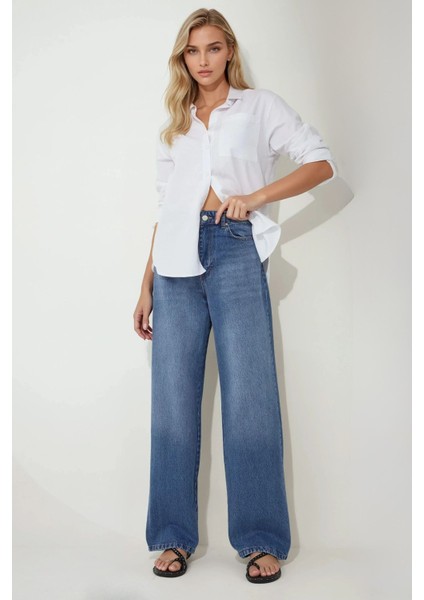 Kadın Baggy Kalıp Denim Jeans Orta Mavi Denim