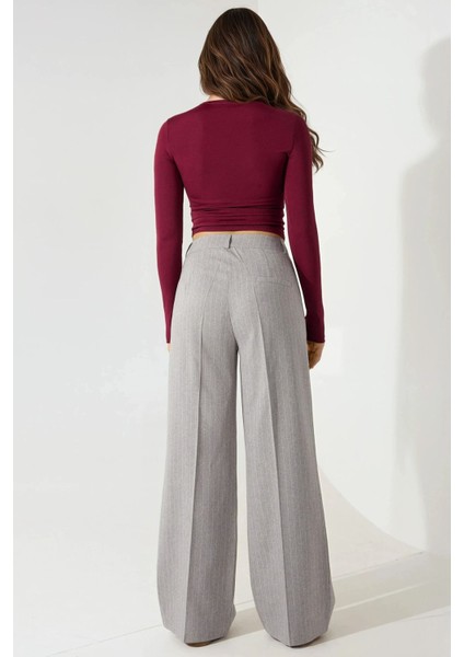 Kadın Çizgili Geniş Paça Pileli Palazzo Pantolon Gri