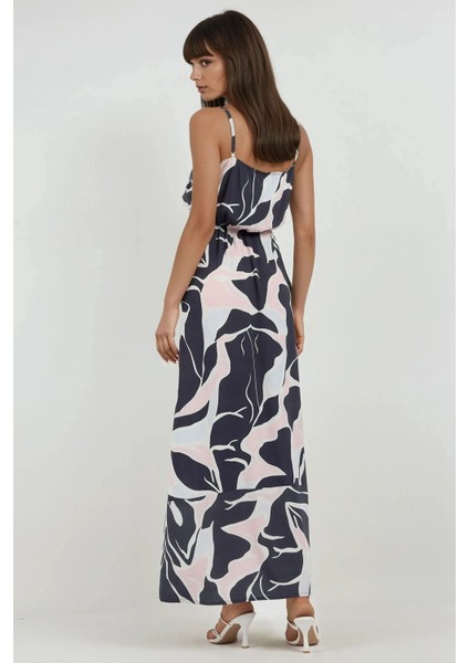 Kadın Kare Yaka Desenli Maxi Elbise Multicolor