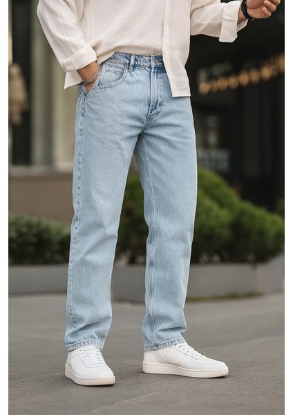 Erkek Jeans Bol Paça Buz Mavi Baggy Kot Pantolon