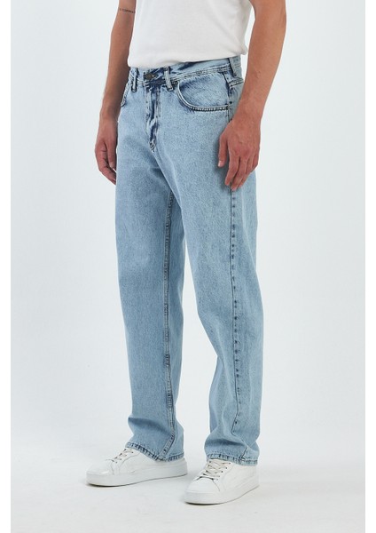 Erkek Jeans Bol Paça Buz Mavi Baggy Kot Pantolon