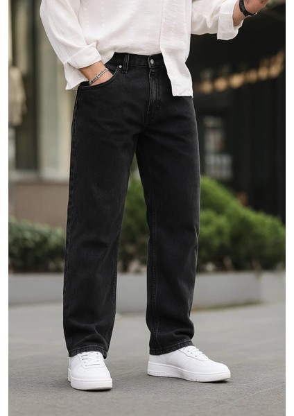 Erkek Jeans Bol Paça Siyah Baggy Kot Pantolon