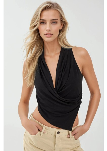 Kadın Halter Yaka Kruvaze Esnek Sandy Örme Üst Black
