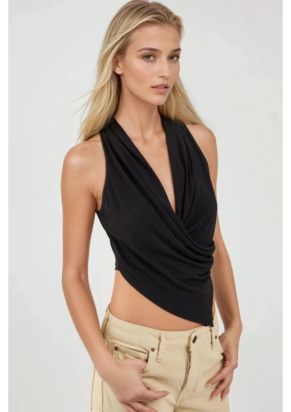 Kadın Halter Yaka Kruvaze Esnek Sandy Örme Üst Black