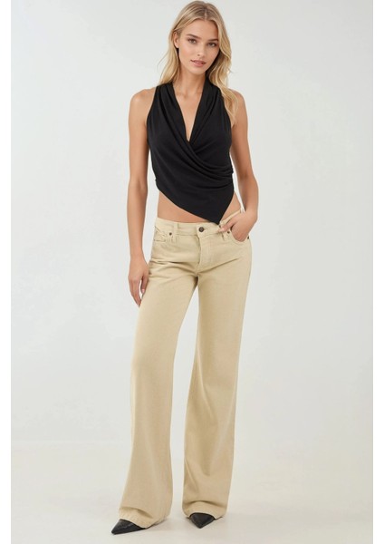 Kadın Halter Yaka Kruvaze Esnek Sandy Örme Üst Black