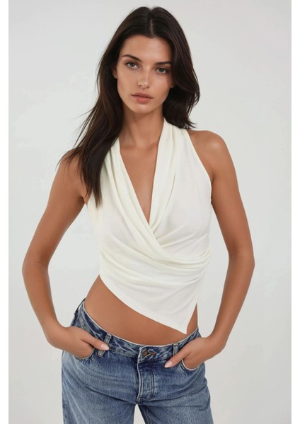 Kadın Halter Yaka Kruvaze Esnek Sandy Örme Üst White