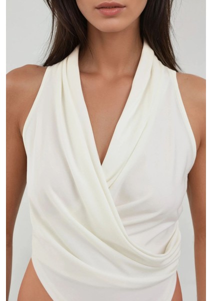 Kadın Halter Yaka Kruvaze Esnek Sandy Örme Üst White