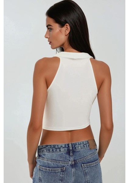 Kadın Halter Yaka Kruvaze Esnek Sandy Örme Üst White
