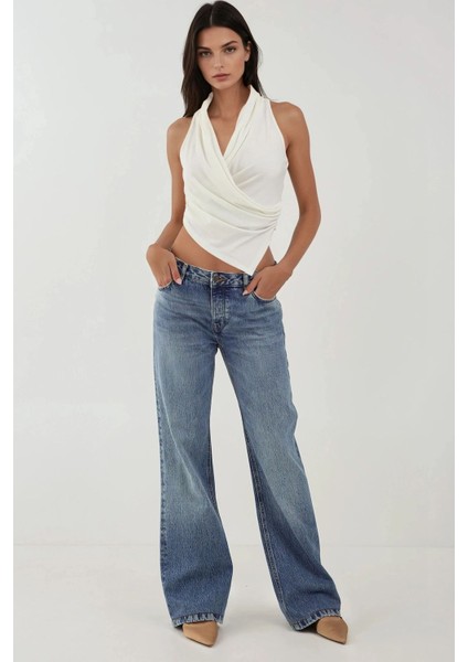 Kadın Halter Yaka Kruvaze Esnek Sandy Örme Üst White