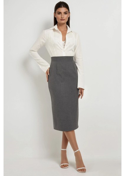 Kadın Yüksek Bel Midi Etek Açık Gri