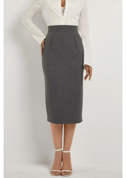 Kadın Yüksek Bel Midi Etek Açık Gri