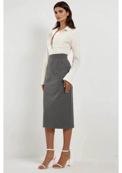 Kadın Yüksek Bel Midi Etek Açık Gri