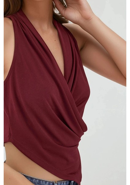 Kadın Halter Yaka Kruvaze Esnek Sandy Örme Üst Red