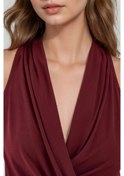 Kadın Halter Yaka Kruvaze Esnek Sandy Örme Üst Red