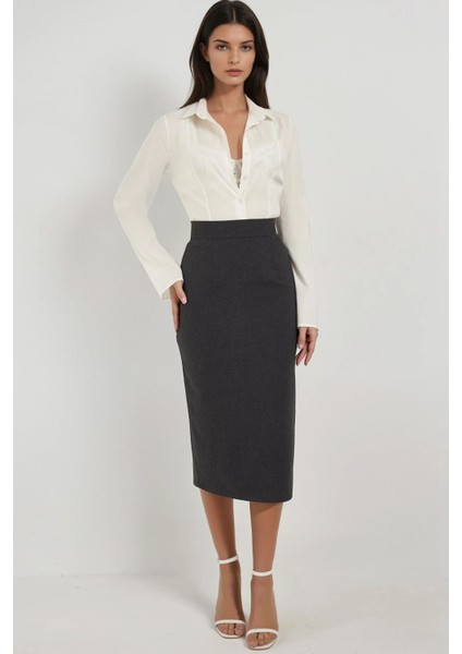 Kadın Yüksek Bel Midi Etek Kömür Grisi