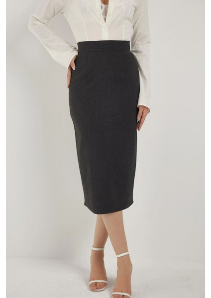 Kadın Yüksek Bel Midi Etek Kömür Grisi