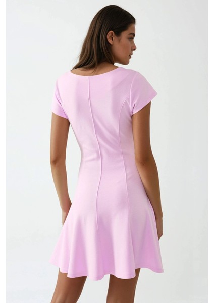 Kadın Kayık Yaka Mini Elbise Karanfil Pembesi