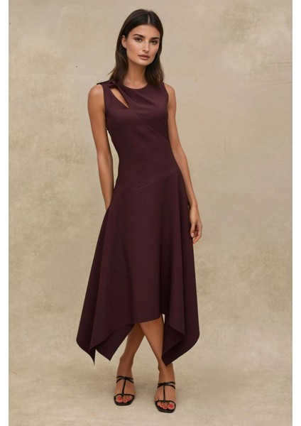 Kadın Pencere Detaylı Midi Elbise Koyu Mocha Kahve