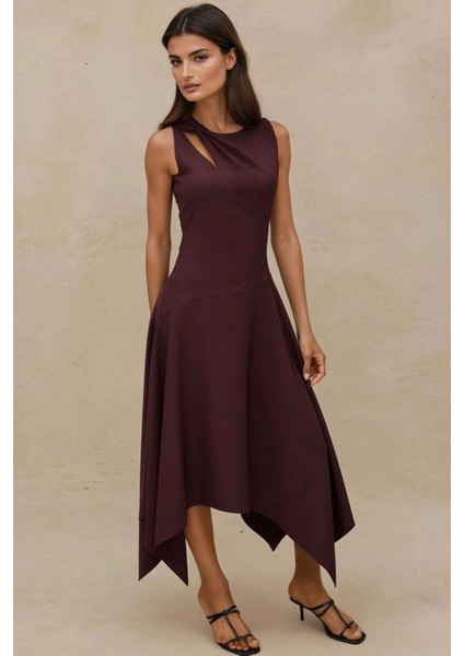 Kadın Pencere Detaylı Midi Elbise Koyu Mocha Kahve