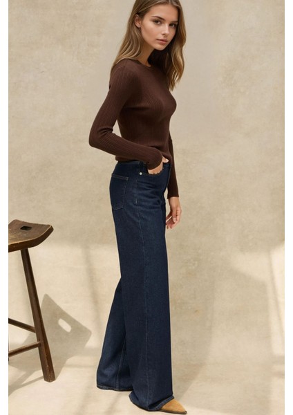Kadın Geniş Paça Raw Kot Pantolon Koyu Mavi Denim