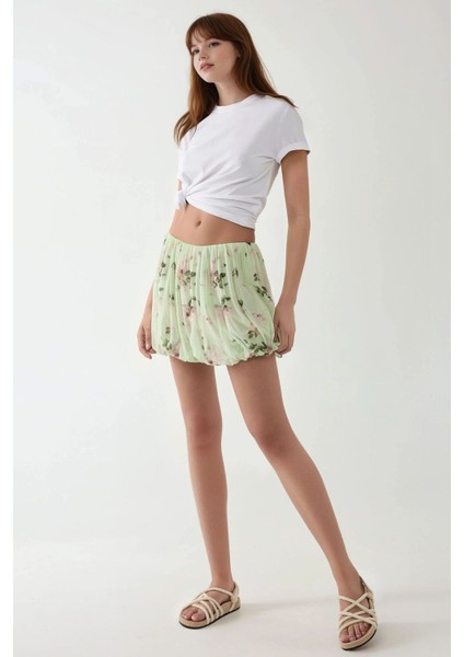 Kadın Çiçek Desenli Mini Balon Etek Green