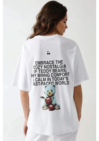 Kadın Oversize Yuvarlak Yaka Baskılı Tişört White