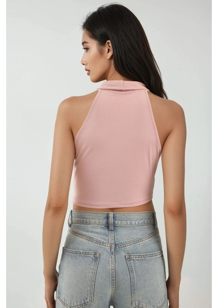 Kadın Halter Yaka Kruvaze Esnek Sandy Örme Üst Pink