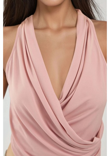 Kadın Halter Yaka Kruvaze Esnek Sandy Örme Üst Pink