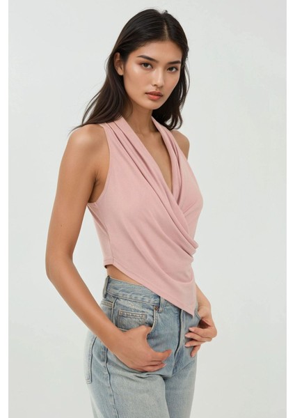 Kadın Halter Yaka Kruvaze Esnek Sandy Örme Üst Pink