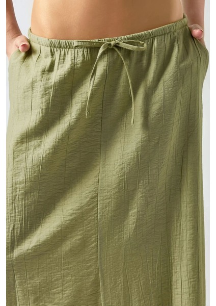 Kadın Yüksek Bel Dokulu Uzun Etek Zeytin Yeşili