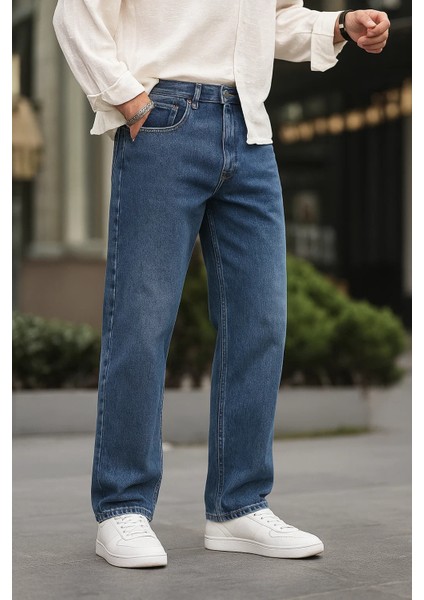 Erkek Jeans Bol Paça Mavi Baggy Kot Pantolon