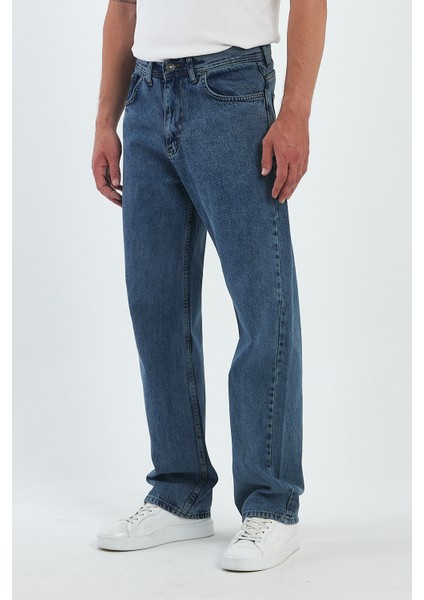 Erkek Jeans Bol Paça Mavi Baggy Kot Pantolon