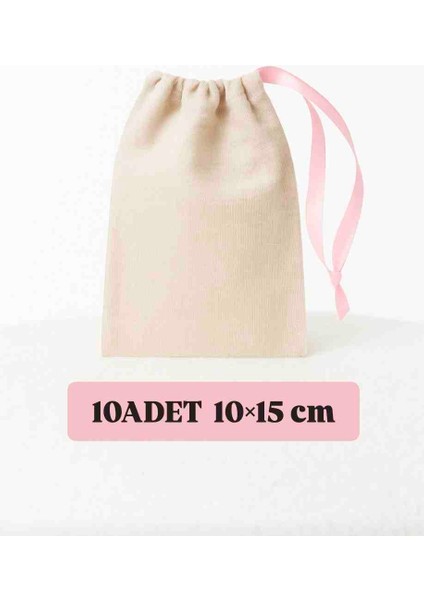 Büzgülü Ham Bez Natural Bej Renk 10×15 cm 10 Adet Bez Kese -Düğün Nişan Kına Çok Amaçlı Bez Poşet