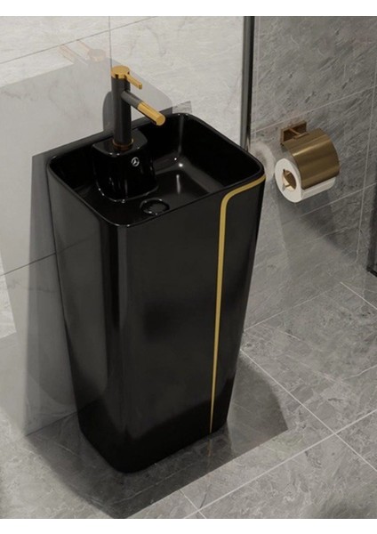 Siyah-Gold Mono Blok Ayaklı Kolon Köşeli Seramik Lavabo