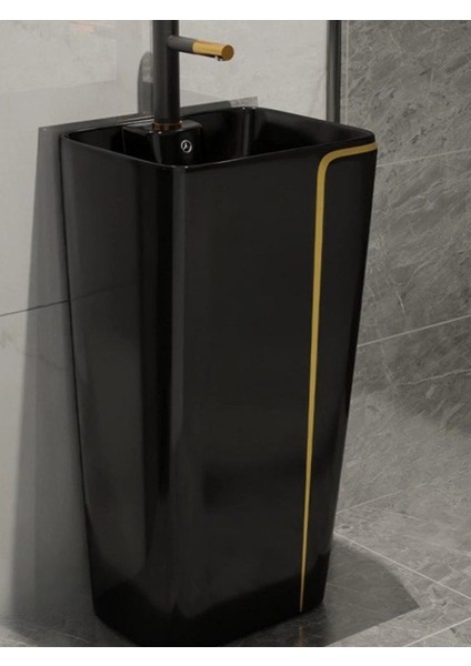 Siyah-Gold Mono Blok Ayaklı Kolon Köşeli Seramik Lavabo fiyatları