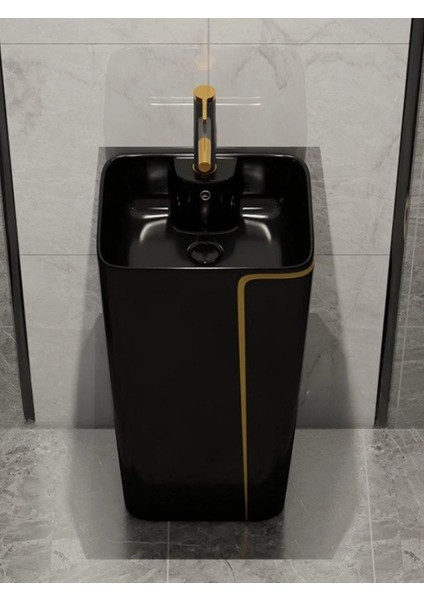 Siyah-Gold Mono Blok Ayaklı Kolon Köşeli Seramik Lavabo modelleri