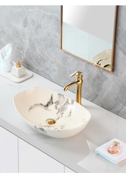 Mermer Desenli Tezgah Üstü Seramik Çanak Lavabo Banyo Lavabosu