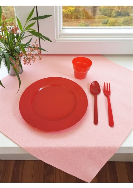 Kırmızı Kaliteli Sert Plastik Tabak Kaşık Çatal Bardak Seti 6 Kişilik