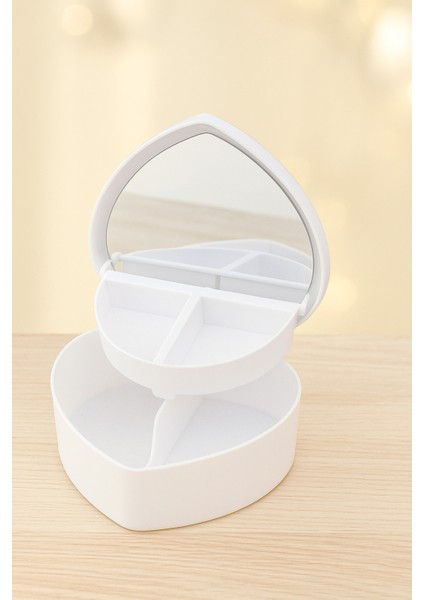 Aynalı, Kalpli, 2 Katlı Taşınabilir Makyaj Kutusu, Şık ve Kullanışlı Beyaz Renk.