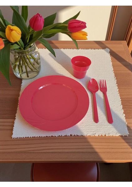 Fuşya Kaliteli Sert Plastik Tabak Kaşık Çatal Bardak Seti 6 Kişilik