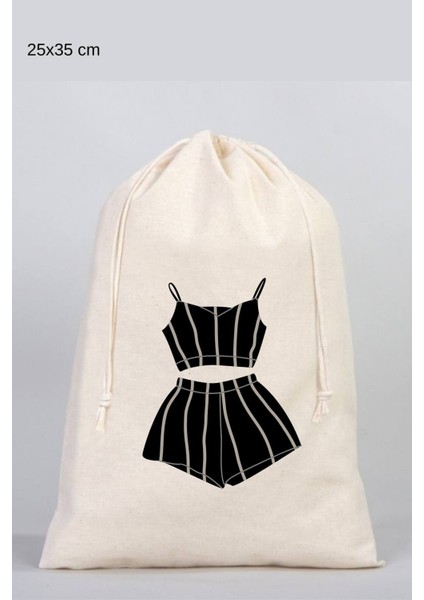 Ekrü Baskılı Pijama ve Çanta Düzenleyici, 25X35 Cm, Doğal Ham Bez Kese