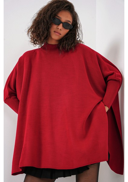 Kadın BDART Çizgili Yüksek Yaka Kazak Red