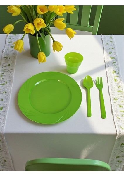 Yeşil Kaliteli Sert Plastik Tabak Kaşık Çatal Bardak Seti 6 Kişilik