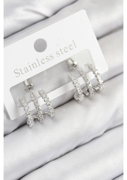 Pirinç Zirkon Taşlı Model Gümüş Renk Kadın Küpe