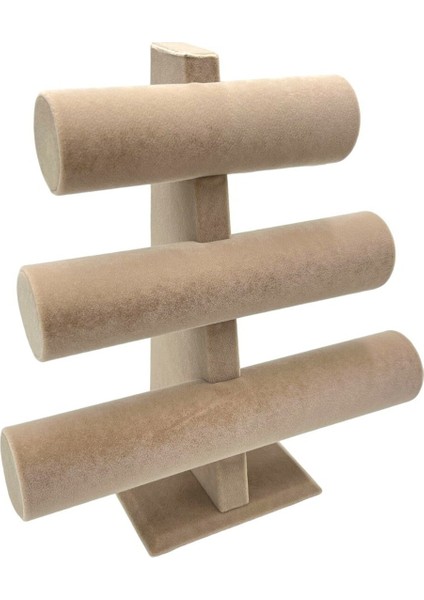 Şık ve Kullanışlı Bej Kadife Üçlü Takı ve Saat Standı